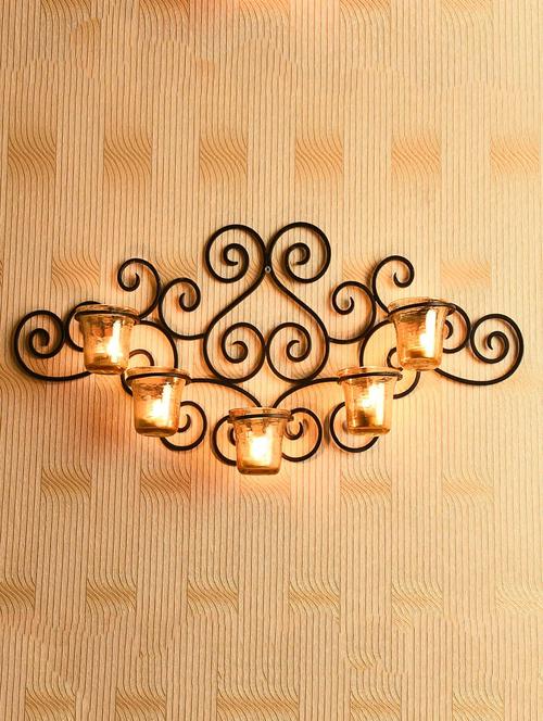 decorative 5 cup wall sconce with luster amber glass with free tealights candles - 14593471 - Very Small Image - 1