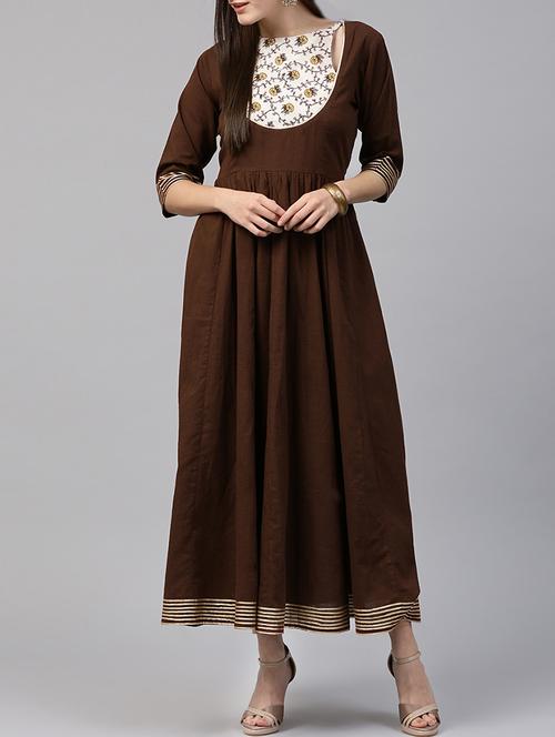 brown cotton flared kurta - 14597014 - Very Small Image - 1