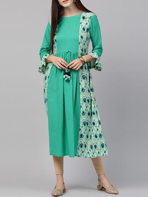green cotton flared kurta - 14597094 - Very Small Image - 1