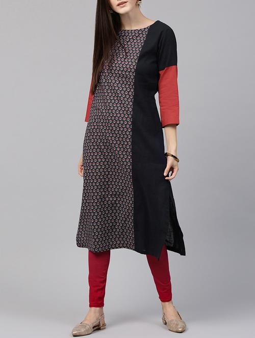 printed panel straight kurta - 14597101 - Very Small Image - 1