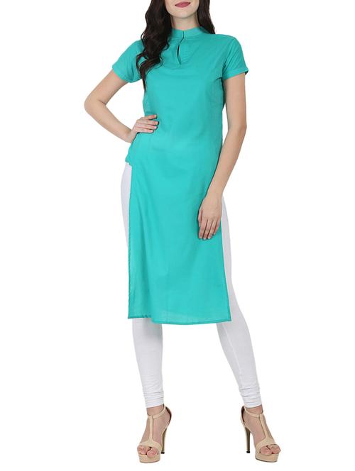 turquoise cotton straight kurta - 14597219 - Very Small Image - 1