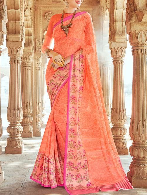 orange georgette printed saree with blouse - 14602052 - Very Small Image - 1