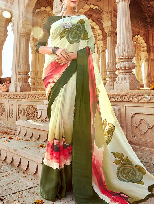cream georgette printed saree with blouse - 14602072 - Very Small Image - 1