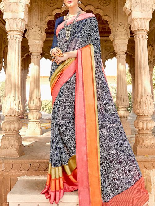 blue georgette printed saree with blouse - 14602073 - Very Small Image - 1
