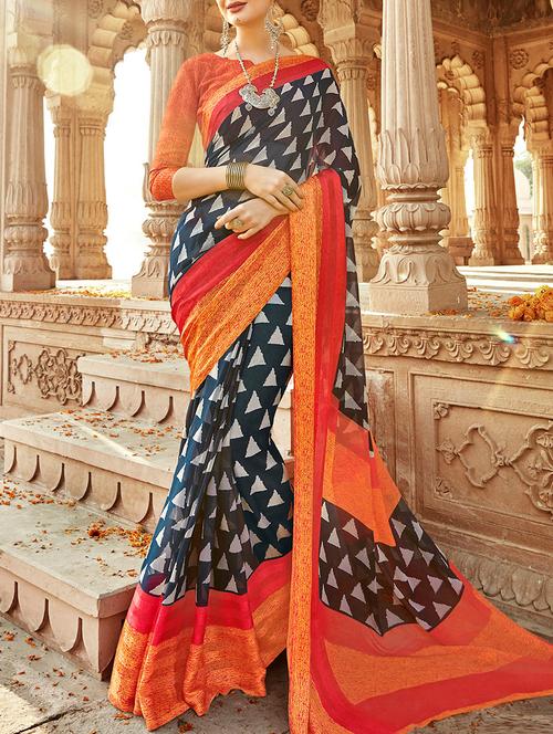 black georgette printed saree with blouse - 14602075 - Very Small Image - 1