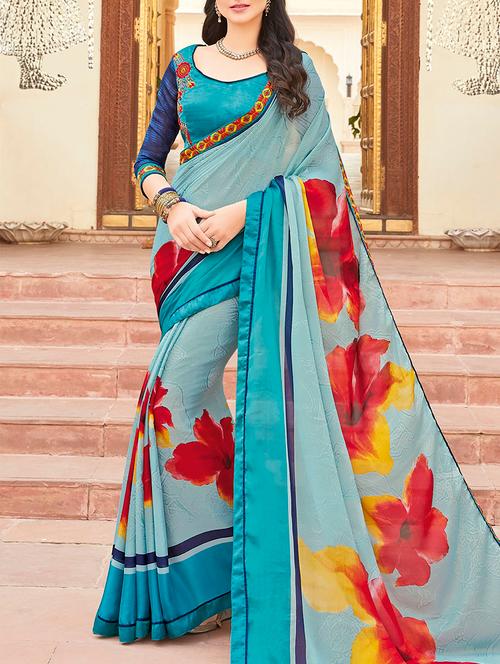 turquoise georgette printed saree with blouse - 14602173 - Very Small Image - 1