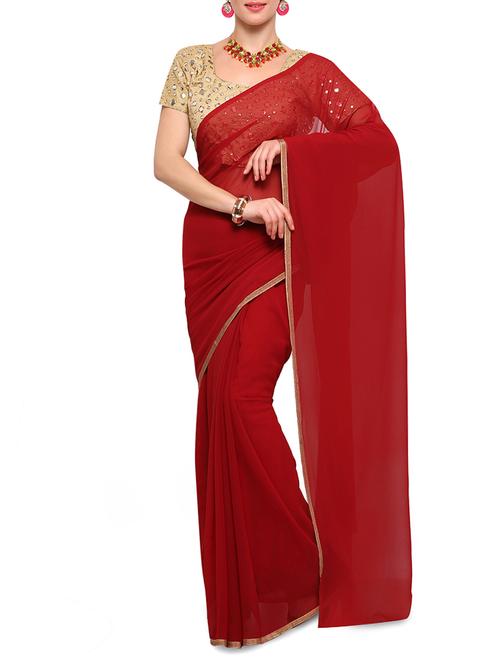 maroon georgette plain saree with blouse - 14603738 - Very Small Image - 1