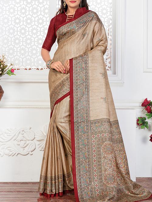beige khadi bhagalpuri saree with blouse - 14603764 - Very Small Image - 1