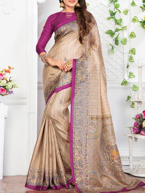 beige khadi bhagalpuri saree with blouse - 14603772 - Very Small Image - 1