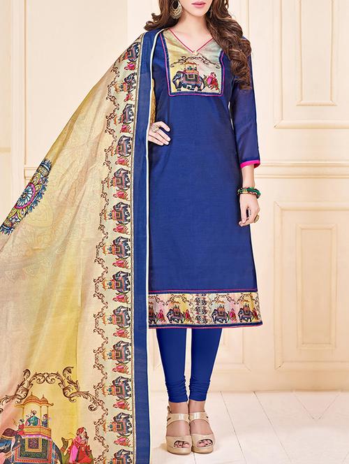 blue chanderi cotton dress material - 14603783 - Very Small Image - 1