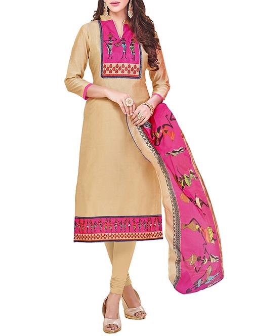 beige chanderi cotton dress material - 14603785 - Very Small Image - 1