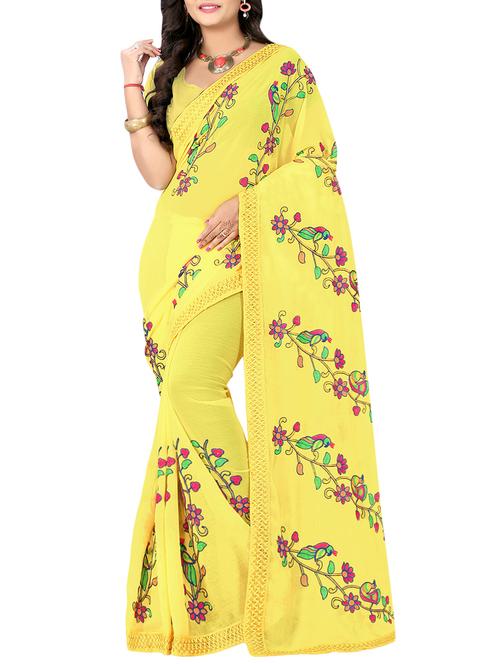 yellow chiffon embroidered saree with blouse - 14603889 - Very Small Image - 1