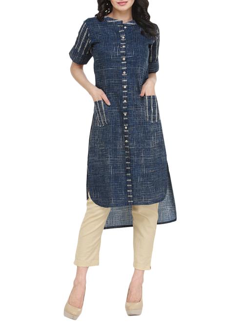 printed pockets high-low kurta with pant set - 14604379 - Very Small Image - 1