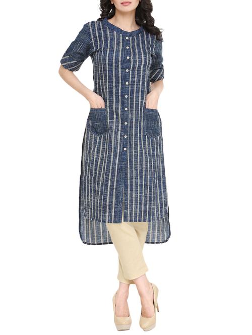 front open high-low kurta with pant set - 14604380 - Very Small Image - 1