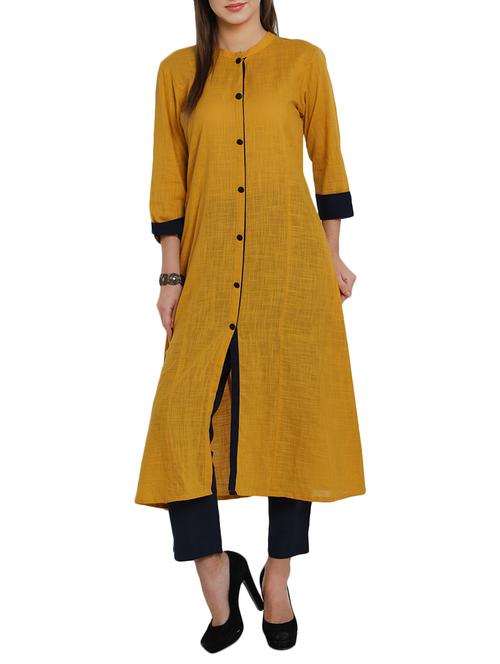 contrast buttoned placket kurta with pant set - 14604402 - Very Small Image - 1