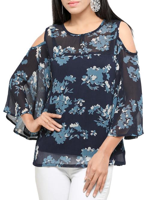 floral cold shoulder bell sleeved top - 14606717 - Very Small Image - 1