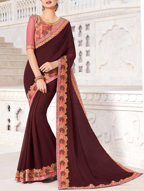 maroon bordered saree with blouse - 14607938 - Very Small Image - 1