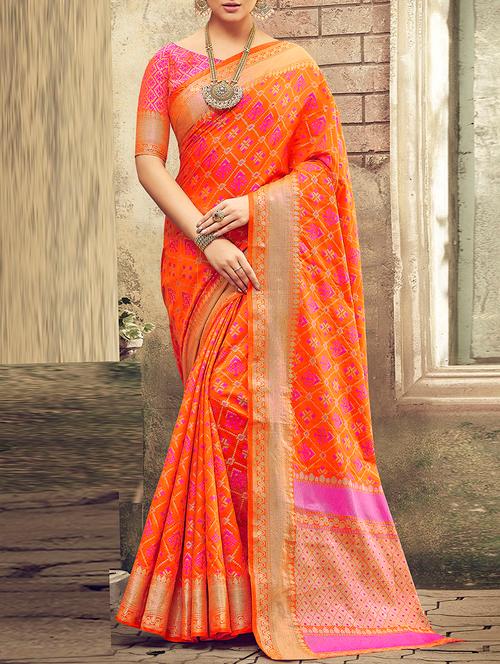 orange silk pochampalli saree with blouse - 14607941 - Very Small Image - 1