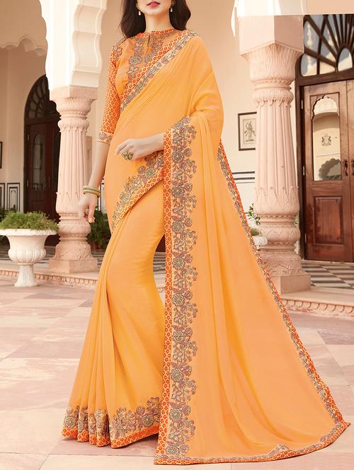 orange georgette embroidered saree with blouse - 14607944 - Very Small Image - 1