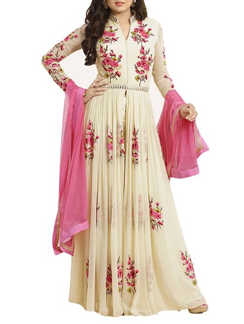 beige georgette semi-stitched flared suit - 14608520 - Very Small Image - 1