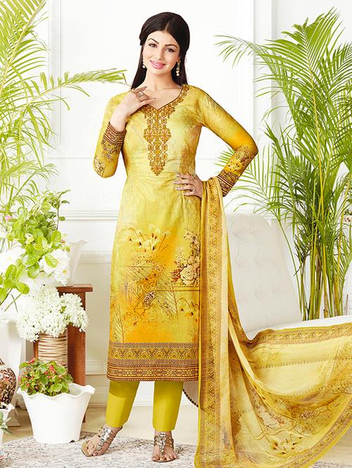 yellow cotton blend dress material - 14609262 - Very Small Image - 1