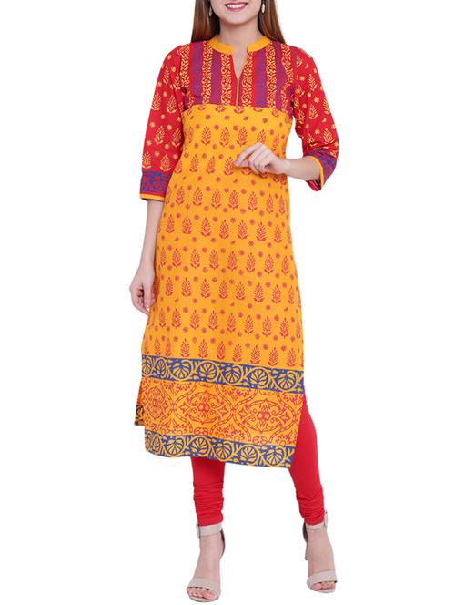 yellow cotton straight kurta - 14610110 - Very Small Image - 1