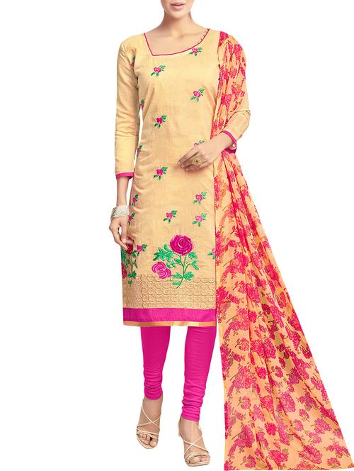 yellow chanderi cotton churidaar suit dress material - 14610381 - Very Small Image - 1
