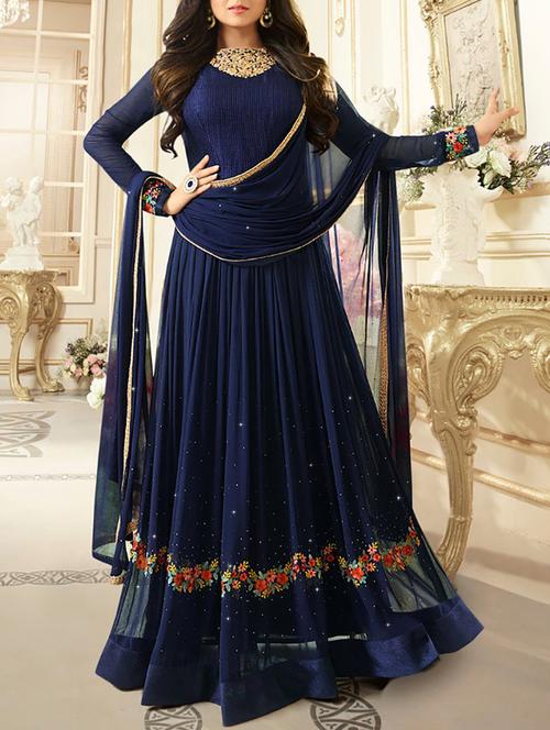 blue embroidered anarkali suit semi-stitched suit - 14610772 - Very Small Image - 1