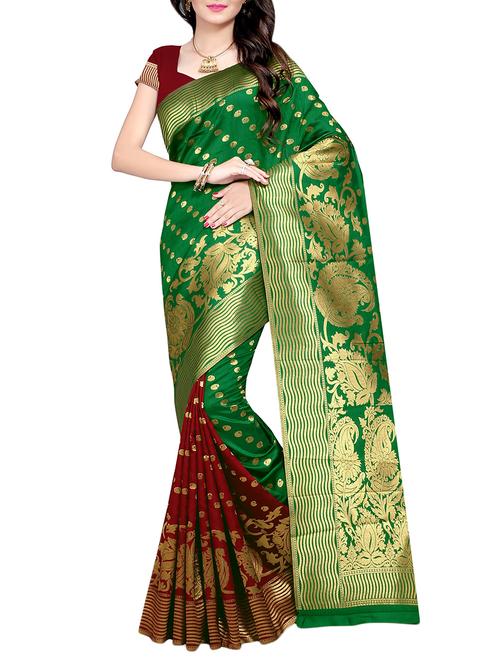 green poly silk kanjivaram saree with blouse - 14613983 - Very Small Image - 1