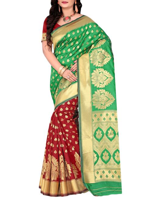 green poly silk kanjivaram saree with blouse - 14613996 - Very Small Image - 1