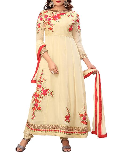 cream georgette semistitched suit - 14616601 - Very Small Image - 1
