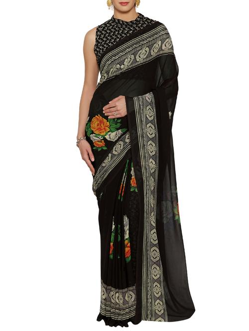 black printed saree with blouse - 14617161 - Very Small Image - 1