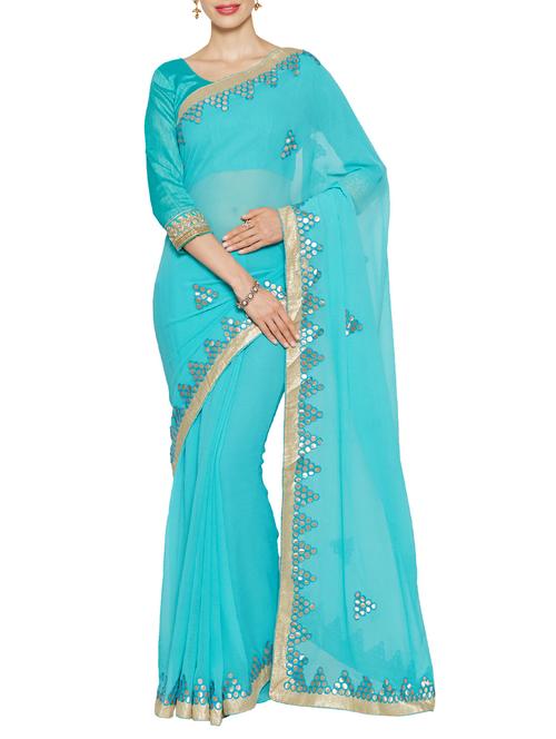 turquoise chiffon embroidered saree with blouse - 14617176 - Very Small Image - 1
