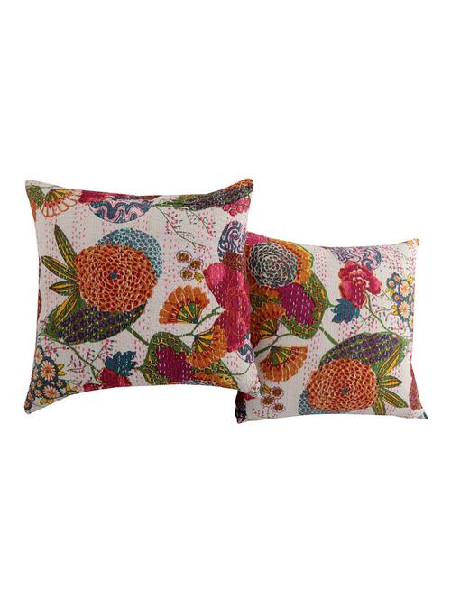 handmade white set of 2 kantha work cushion cover 16x16 - 14618034 - Very Small Image - 1
