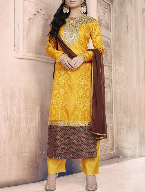 yellow embroidered semi-stitched straight pant suits - 14618446 - Very Small Image - 1