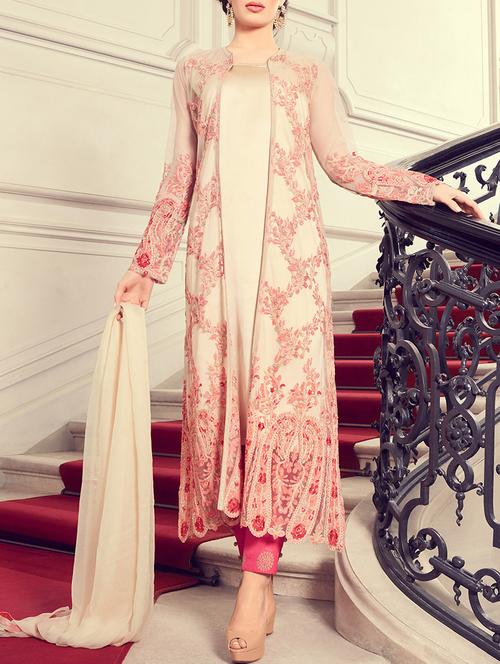 cream straight pant suits semi-stitched suit - 14618452 - Very Small Image - 1
