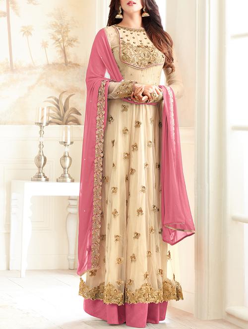 cream flared semi-stitched suit - 14618469 - Very Small Image - 1