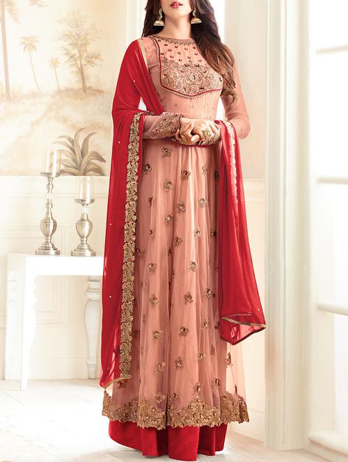 pink flared semi-stitched suit - 14618471 - Very Small Image - 1