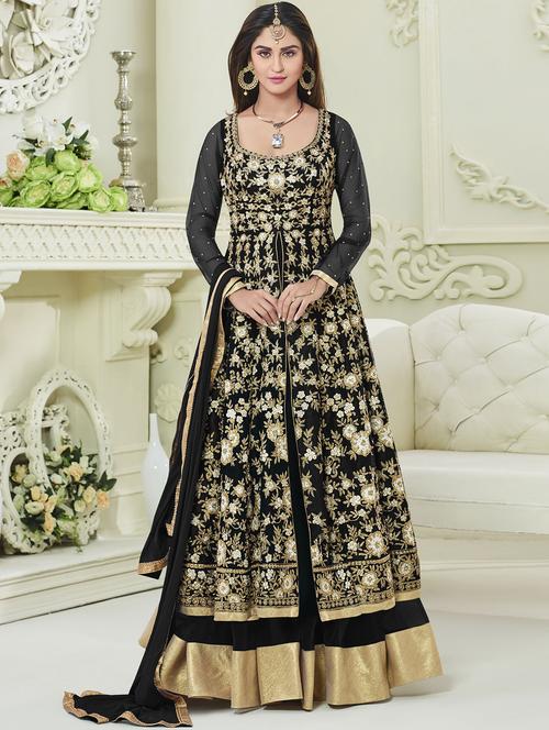 black embroidered semi-stitched flared suit - 14618493 - Very Small Image - 1