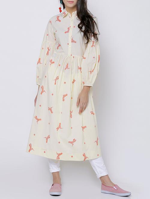 yellow cotton flared kurta - 14627542 - Very Small Image - 1