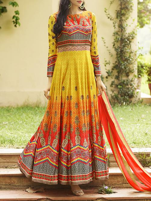 yellow anarkali dress material - 14629481 - Very Small Image - 1