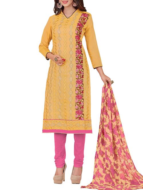 yellow chanderi cotton churidaar suit dress material - 14631672 - Very Small Image - 1