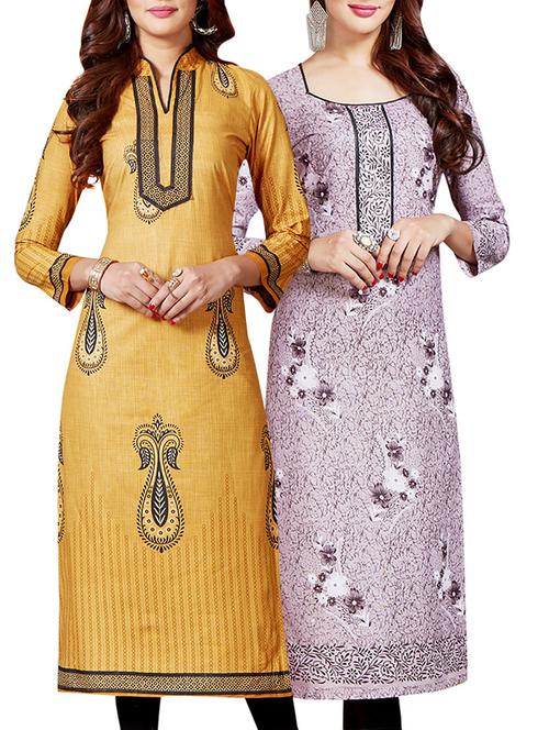 set of 2 multi colored cotton unstitched kurta combo - 14633208 - Very Small Image - 1