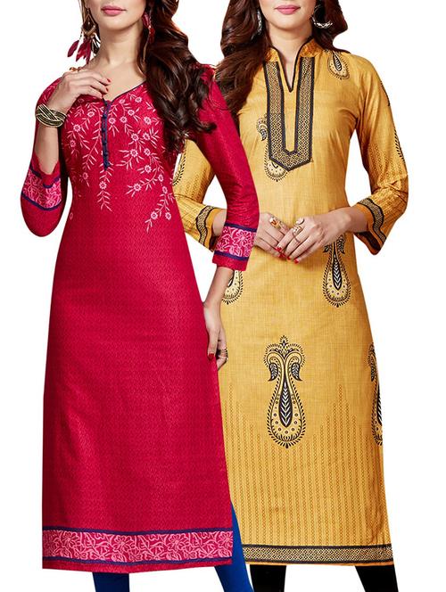 set of 2 multi colored cotton unstitched kurta combo - 14633213 - Very Small Image - 1