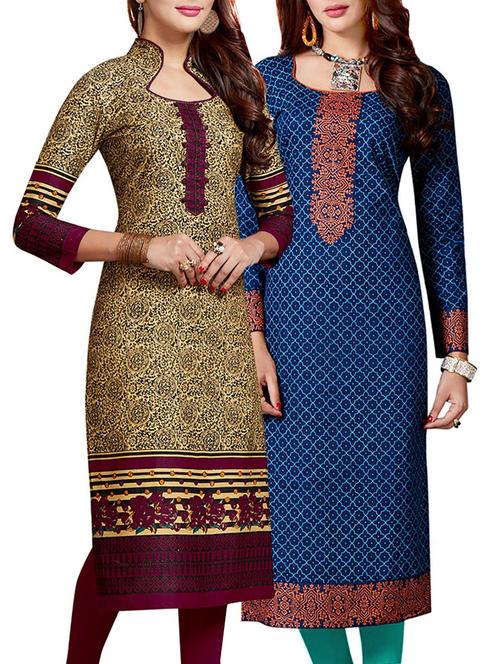 set of 2 multi colored cotton unstitched kurta combo - 14633242 - Very Small Image - 1