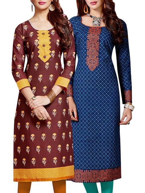 set of 2 multi colored cotton unstitched kurta combo - 14633246 - Very Small Image - 1