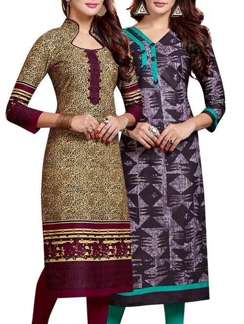set of 2 multi colored cotton unstitched kurta combo - 14633281 - Very Small Image - 1