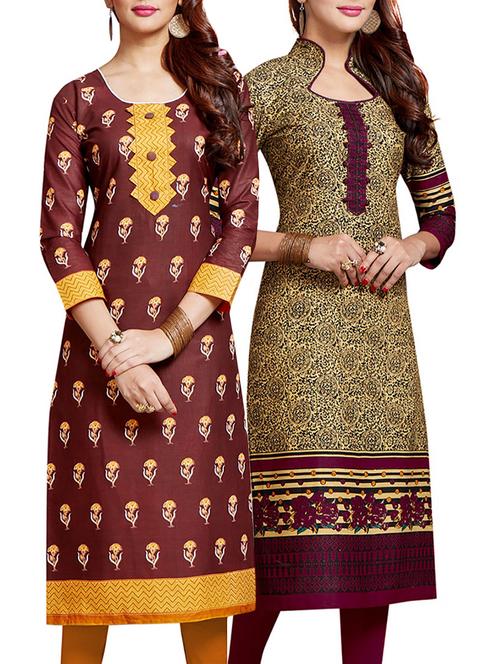 set of 2 multi colored cotton unstitched kurta combo - 14633296 - Very Small Image - 1