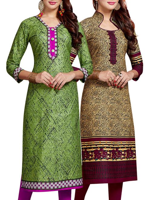 set of 2 multi colored cotton unstitched kurta combo - 14633299 - Very Small Image - 1