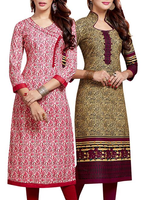 set of 2 multi colored cotton unstitched kurta combo - 14633301 - Very Small Image - 1